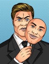 Color vector illustration in the style of comic pop art. A man holds a mask in his hands. Businessman hides his emotions. A man wi
