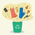 Color vector illustration of a style about recycling old clothes and shoes