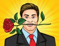 Color vector illustration for Valentine`s Day in the style of pop art. A man holds a rose in his teeth. Handsome man in a suit wi Royalty Free Stock Photo