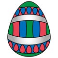 Color vector illustration of a white Easter egg with a bright ornament in the form of colored stripes and mini eggs. Royalty Free Stock Photo