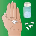 Color vector illustration of a women holding a pill prescribed by your doctor. Light skin. A bottle of pills in the background.