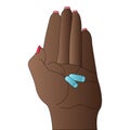 An African American lady holds pills in her hand. Dark skin. Vector illustration. Medicines prescribed by your doctor. 