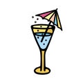 Color vector illustration of a yellow glass with blue cocktail, bubbles and colorful umbrella inside. Royalty Free Stock Photo