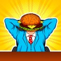 Color vector modern art collage with elements of pop art style. The combination of a burger and an office worker. Conceptual colla