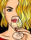 Color vector pop art comic style illustration. Blonde girl with red lipstick and wavy hair. Beautiful young woman is drinking an a Royalty Free Stock Photo