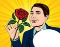 Color vector pop art comic style illustration of a man holding a rose in his hand. Card for Valentine`s Day. A fall in love man w