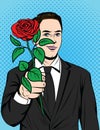 Color vector pop art comic style illustration of a man with a rose in his hand. Poster for Valentine`s Day. A man in love holding