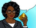 Color vector pop art style illustration. African American business woman holding a gold card in her hand. Lady in an office suit w