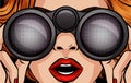 Color vector pop art style illustration of a girl looking through binoculars.