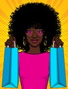 Color vector pop art style illustration of a girl with packages. Beautiful young African American girl holding shopping bags. H Royalty Free Stock Photo
