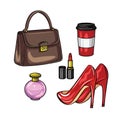 Color vector realistic illustration of women`s wardrobe items. A set of women`s accessories isolated from white background. Hand Royalty Free Stock Photo