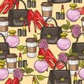 Color vector seamless pattern for printing on fabric, cards, wallpaper. Women`s wardrobe items. Handbag, high-heeled shoes, perfu