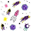 Color vector seamless pattern with space elements. Doodle style. Planets, meteorites, astronauts, stars, comets, rockets, Royalty Free Stock Photo