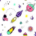 Color vector seamless pattern with space elements. Doodle style. Planets, meteorites, astronauts, stars, comets, rockets, Royalty Free Stock Photo