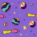 Color vector seamless pattern with space elements. Doodle style. Planets, meteorites, stars, rockets Royalty Free Stock Photo