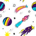 Color vector seamless pattern with space elements. Doodle style. Planets, stars, comets, rockets Royalty Free Stock Photo