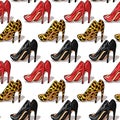 Color vector seamless pattern of womens high heels shoes. Stylish, elegant shoes of different colors isolated on white background. Royalty Free Stock Photo