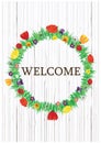 Bright vector welcome spring flowers wreath on wooden background.