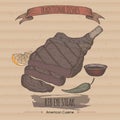 Color vintage grilled rib eye steak template placed on cardboard background.