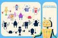 Color visual puzzle page for preschool kids. Find the correct shadow game. Matching. Robots for children Royalty Free Stock Photo