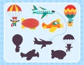 Color visual puzzle page for preschool kids. Find the correct shadow game. Matching. Transport for children Royalty Free Stock Photo