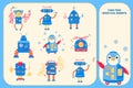 Color visual puzzle page for preschool kids. Find identical images game. Robots for children