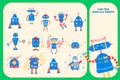 Color visual puzzle page for preschool kids. Find identical images game. Robots for children