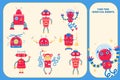 Color visual puzzle page for preschool kids. Find identical images game. Robots for children