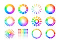 Color wheels. Charts of different shapes, gradient spectrum with rainbow multicolor pallette. Colorful colorwheel with