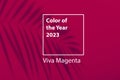 Color of the year 2023 background. Magenta new trend color on red purple background with shadow palm.
