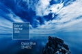 Color of the Year 2020 Classic Blue Pantone. Beautiful seascape with Lake Baikal and incredible amazing sky with clouds.