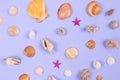 Color of the year 2022 concept. Mix of sea shells on lilac background. Summer time vacations. Selective focus Royalty Free Stock Photo