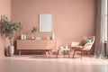 Color of the year 2024 peach fuzz. Premium livingroom. Painted mockup gray wall for art, peach apricot beige pastel chair color. Royalty Free Stock Photo