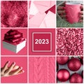 Color of the Year 2023 Viva Magenta, Christmas square collage of nine trendy carmine shade backgrounds