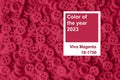 Color of the Year 2023 Viva Magenta. Trendy background made of buttons. Fashion pink shade, copy space