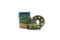 Sewing kit, the sewing thread, white thread, the blue thread, the yellow thread on the white background