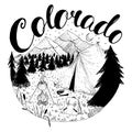 Colorado camping vector ink drawing with typography lettering. Mountain illustration with campfire, pine trees, camping tent.