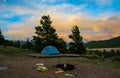 Colorado wilderness camping tent sunset camp fire Royalty Free Stock Photo