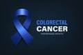 Colorectal Cancer Banner, Card, Placard with Vector 3d Realistic Dark Blue Ribbon on Dark Blue Background. Colon Cancer