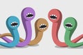 Colored aggressive worms are grinning mouths and crawling