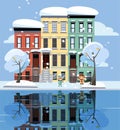 Colored apartment buildings on lake. Facades of buildings are reflected in mirror surface of water. Flat cartoon vector