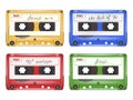 Colored audio cassette. Mixtape retro pop rock music equipment vector set of realistic pictures isolated