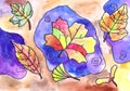 Colored autumn leaves lie on puddles. Children`s drawing