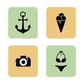 4 colored background summer icons: anchor, ice cream, camera, swimsuit