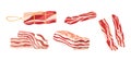 Colored bacon icon with three rashers of fatty pork bacon isolated on white. Set of colorful isolated meats and poultry