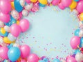 Colored ballons and confetti on a light blue background with copy space Royalty Free Stock Photo