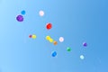 Colored balloons fly in the blue sky Royalty Free Stock Photo
