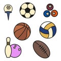 Colored balls with a dark outline for various sporting events. Vector flat illustration. A set of various projectiles for sports