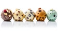 Colored balls of ice cream with nuts and chocolate chips in row Royalty Free Stock Photo