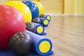 Colored balls and rollers for pilates classes Royalty Free Stock Photo